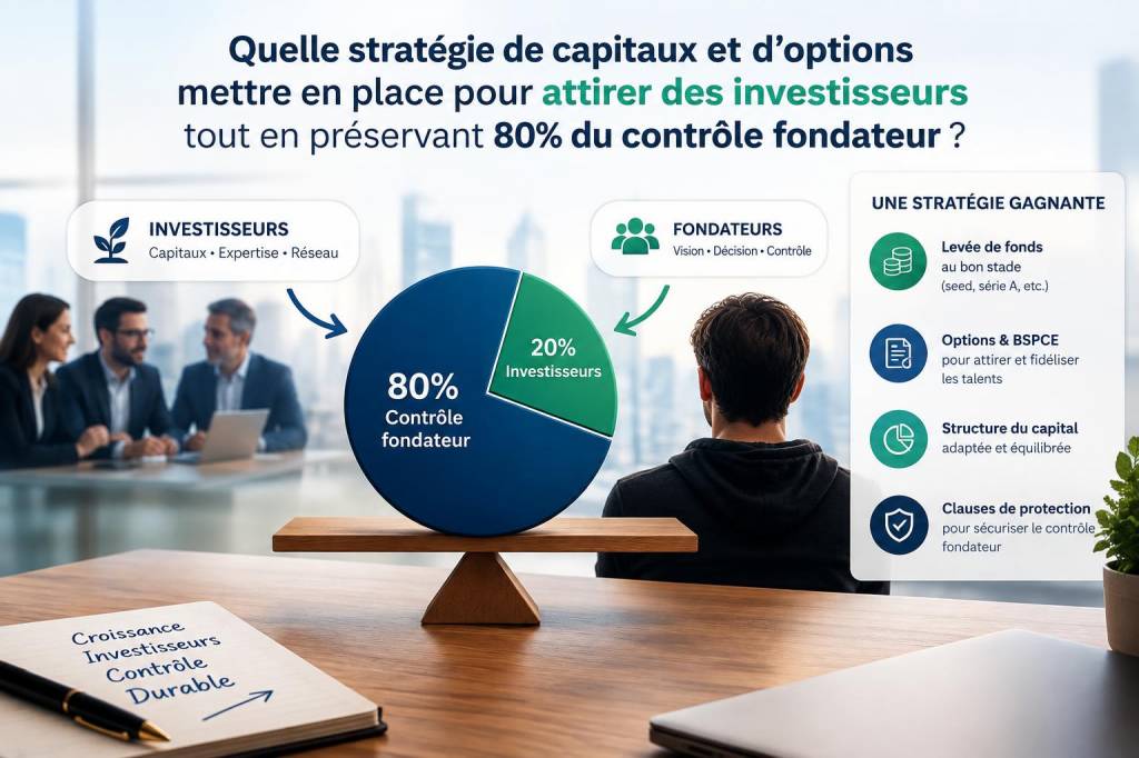 Quelle stratégie de capitaux et d'options mettre en place pour attirer des investisseurs tout en préservant 80% du contrôle fondateur